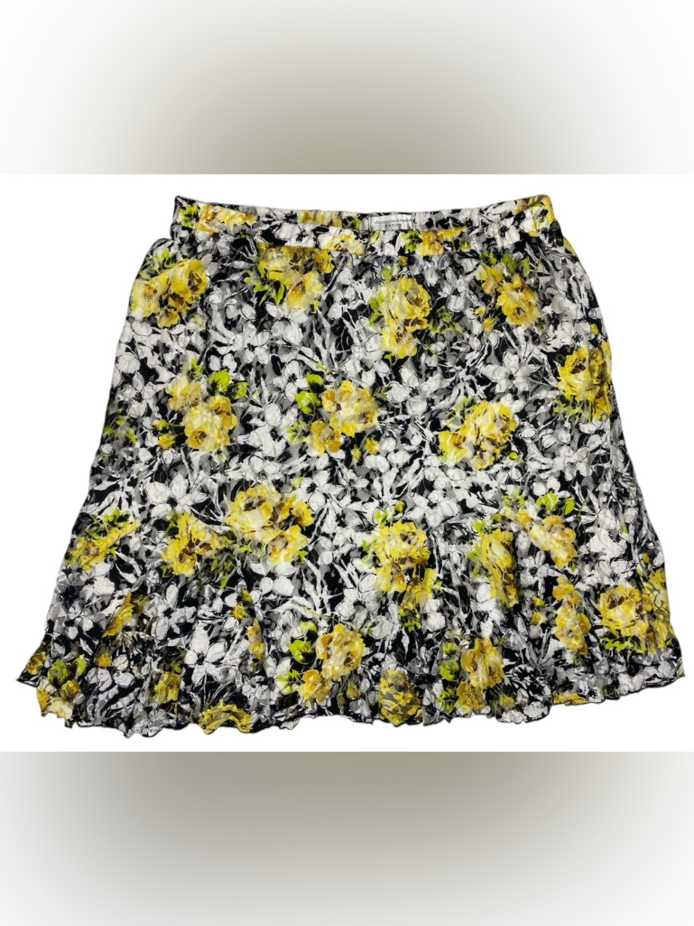 Christopher & Banks XL Petite Floral MIDI Skirt Yellow Black White Sheer Overlay